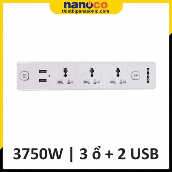 Ổ cắm có dây Nanoco NES332U-3 | 3750W, 3 ổ cắm, 2 ổ USB, 2 công tắc