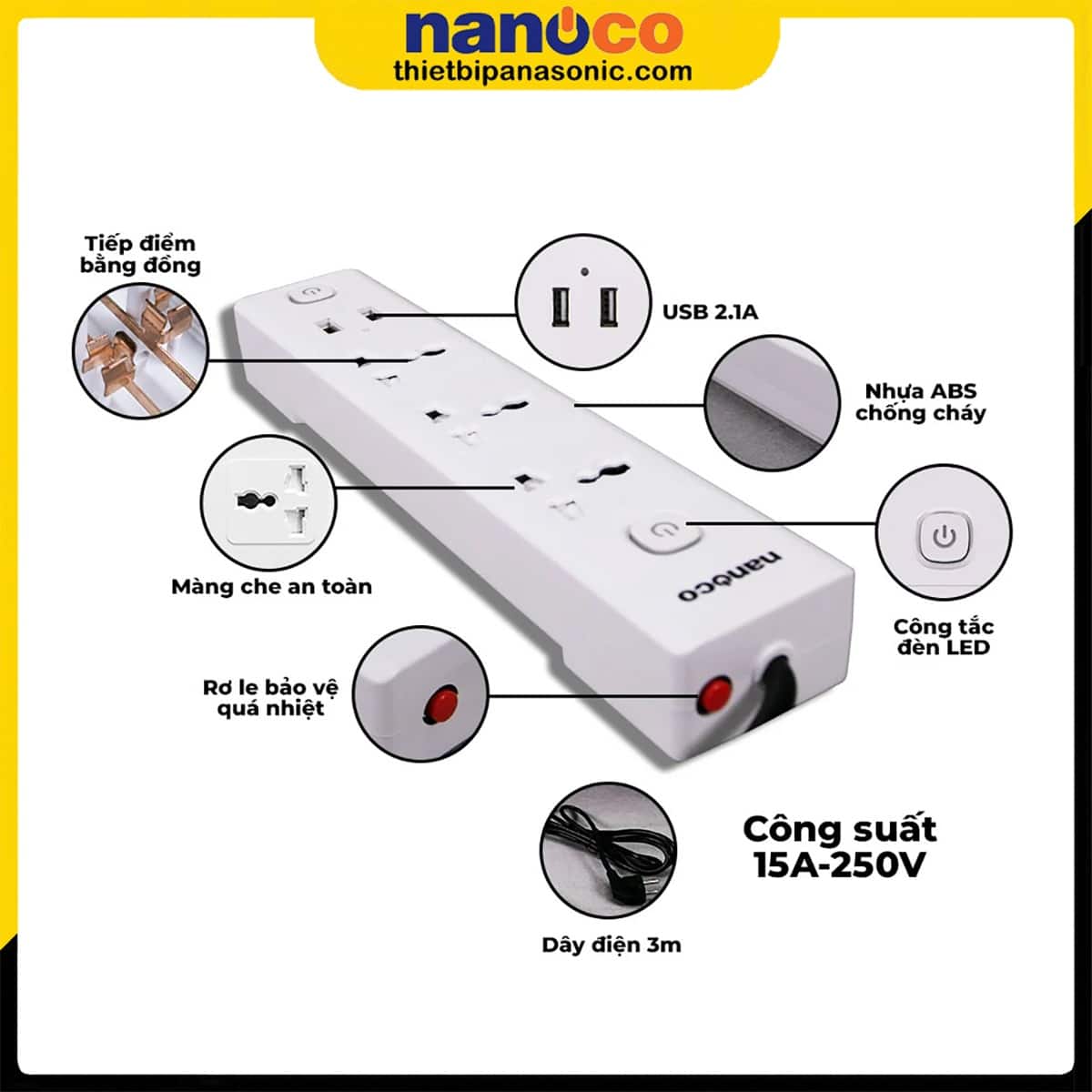 Những đặc điểm nổi bật của Ổ cắm có dây Nanoco NES332U-3