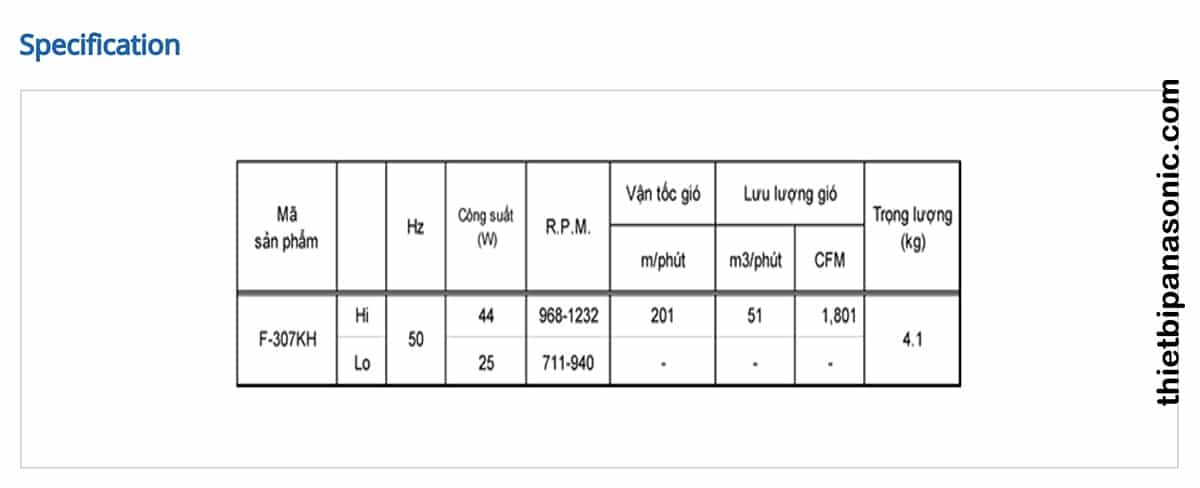 Thông số kỹ thuật của Quạt lửng Panasonic F-307KHS màu bạc từ nhà sản xuất