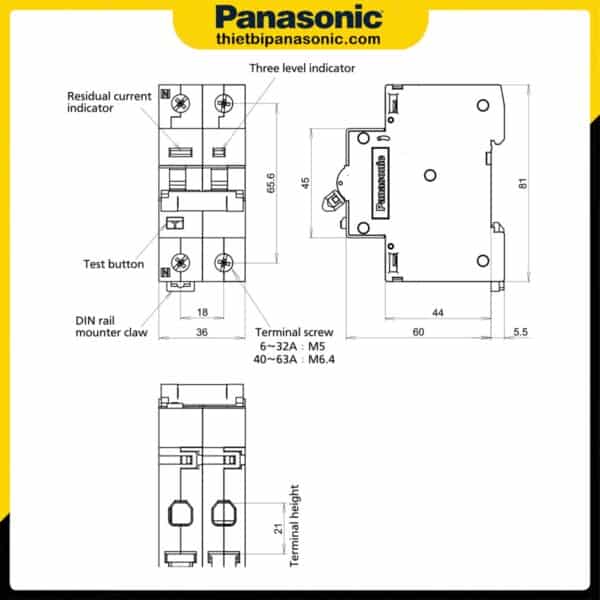 Bản vẽ kích thước và cấu tạo từng bộ phận của RCBO 16A 2P Panasonic BBDE21631CNV (Tiếng Anh)