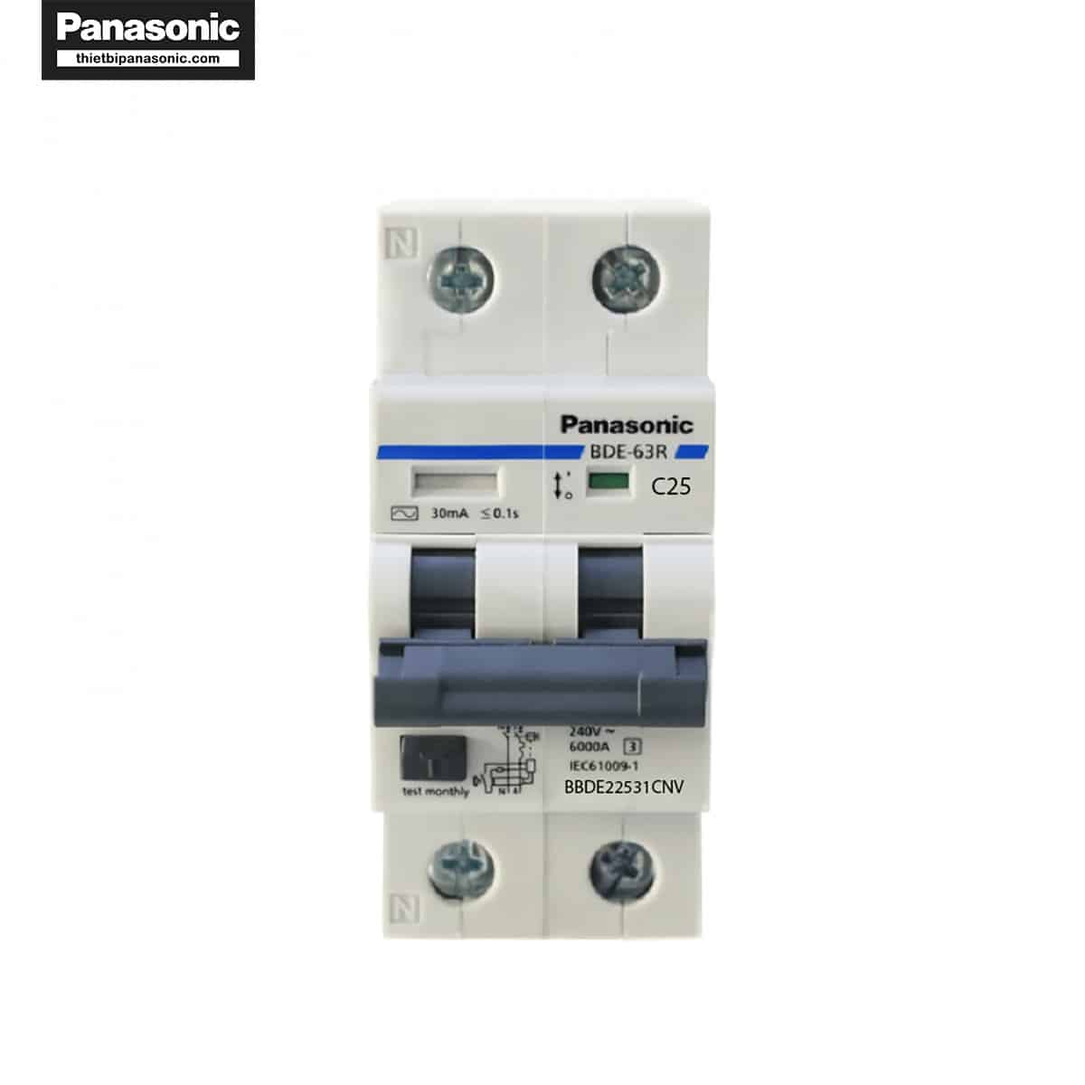 Mặt trước của RCBO Panasonic 25A 2P 30mA BBDE22531CNV với đầy đủ các thông số kỹ thuật quan trọng