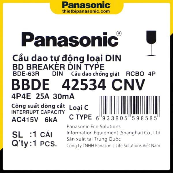 Thông số sản phẩm RCBO Panasonic 25A 4P 30mA 6kA 415V BBDE42534CNV
