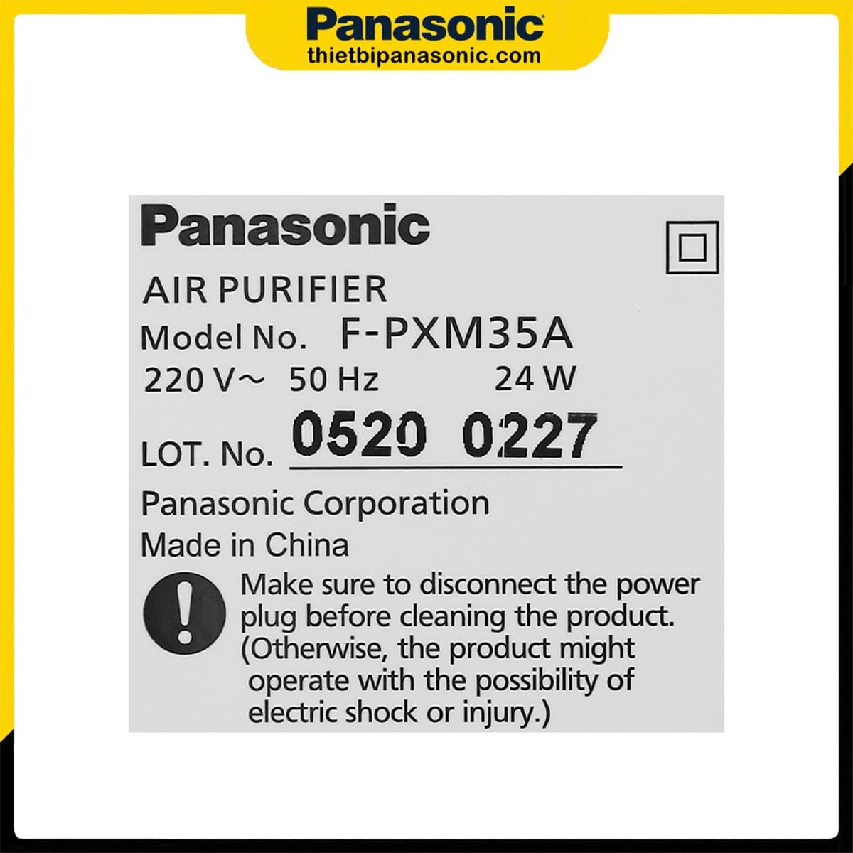 Thông tin sản phẩm được dán trên thân Máy lọc không khí Panasonic F-PXM35A-S