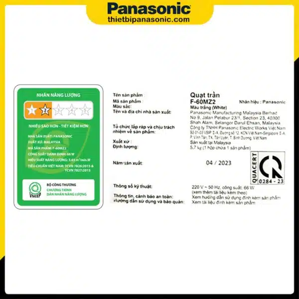 Nhãn năng lượng và thông tin cơ bản của sản phẩm được dán trên thân Quạt trần Panasonic -60MZ2
