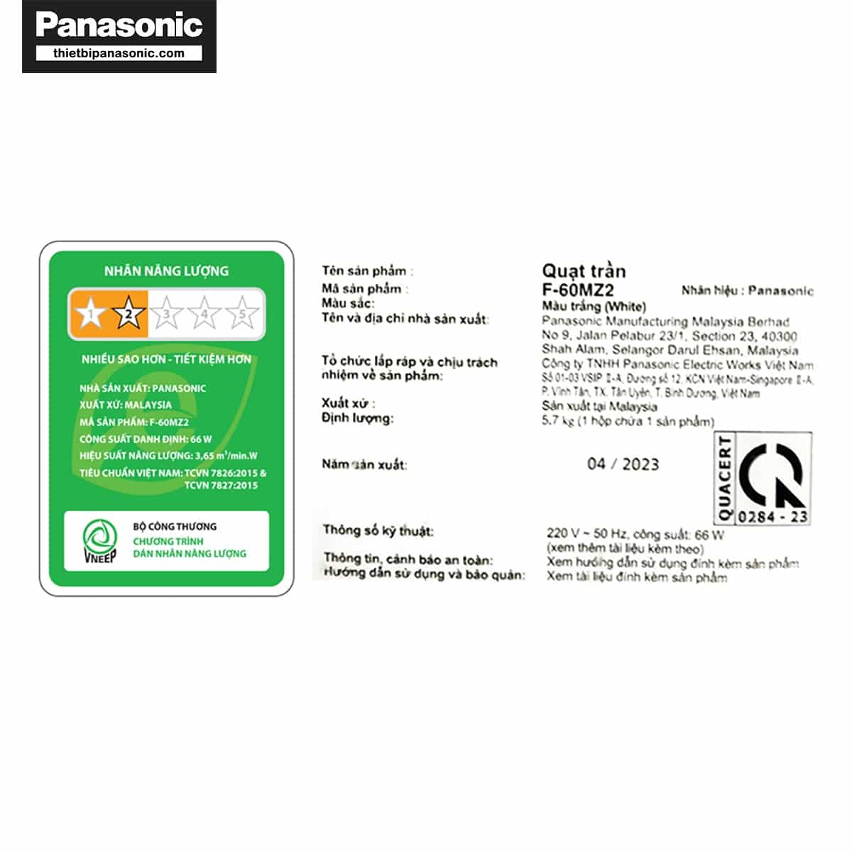 Nhãn năng lượng và thông tin cơ bản của sản phẩm được dán trên thân Quạt trần Panasonic F-60MZ2-L