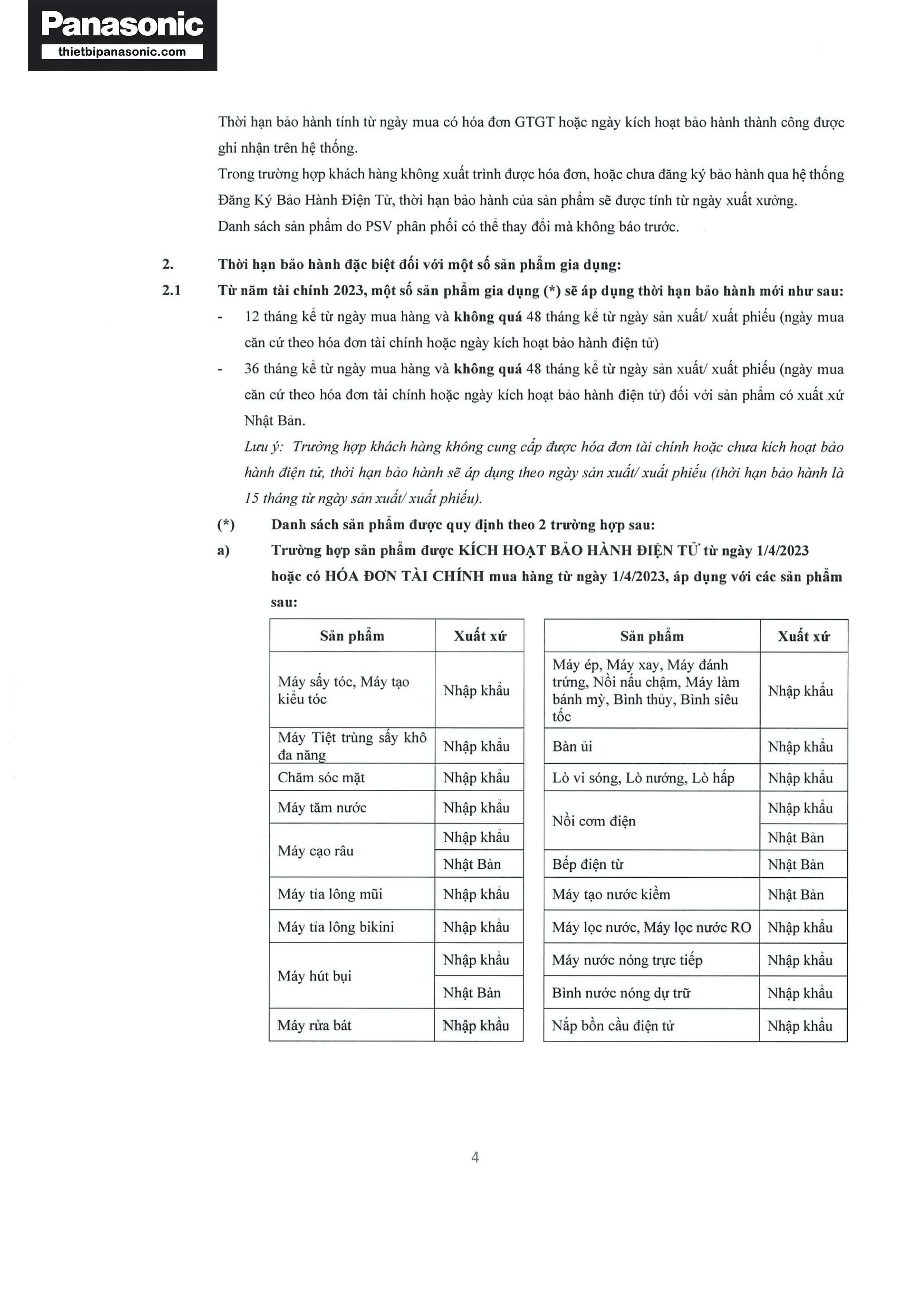 Chính sách bảo hành Panasonic năm 2023-2024 (Trang 4/6)